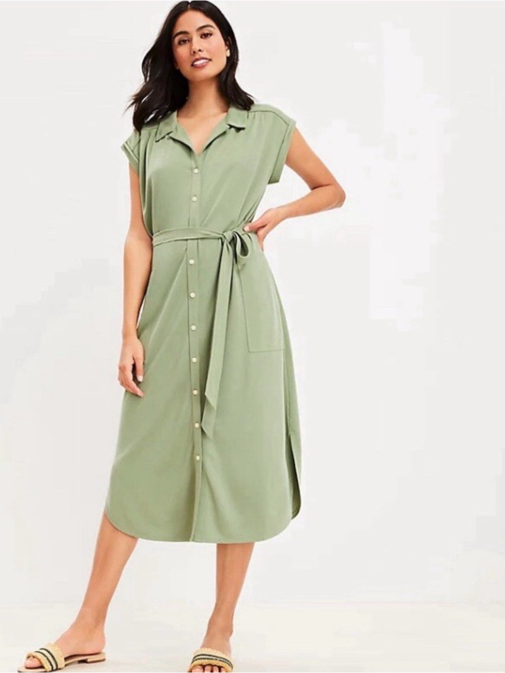 Lou & Grey Olive Green Button-Front Midi Dress